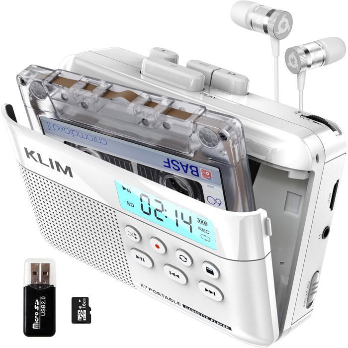 Cassette Player K7 - Lecteur Cassette Audio - Convertisseur Audio en MP3 - Microphone et Haut-Parleur intégrés - Blanc