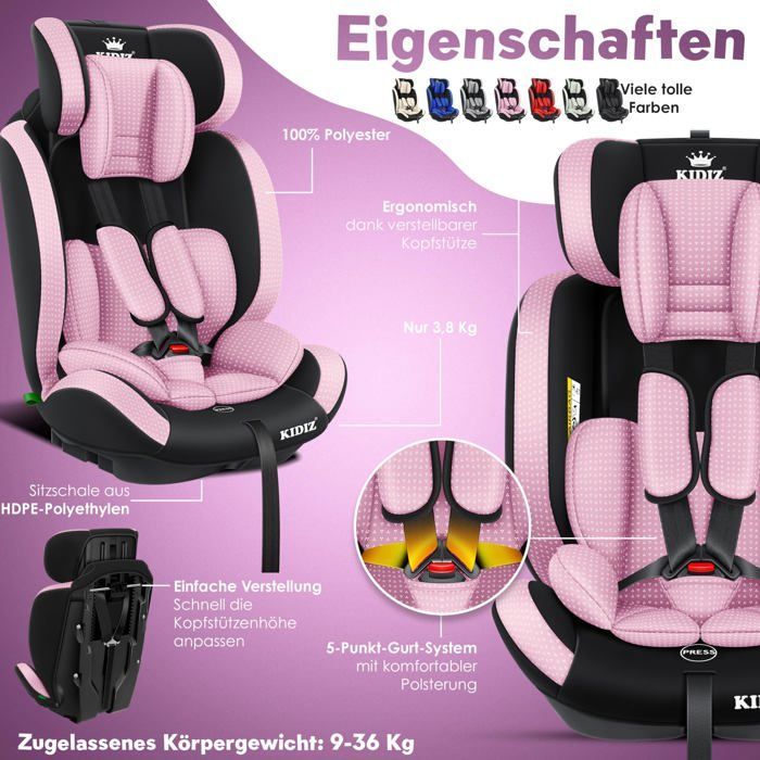 Seggiolino auto KIDIZ® per bambini e neonati da 9 a 36 kg, gruppo 1+2+3, cintura di sicurezza a 5 punti, poggiatesta regolabile, omologazione ECE R129/03, colore rosa.