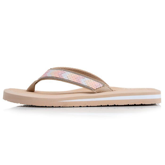 Chanclas Isotoner con suela sintética, cómoda separación entre los dedos, ligeras para mayor comodidad al caminar, calzado de yoga beige para mujer.