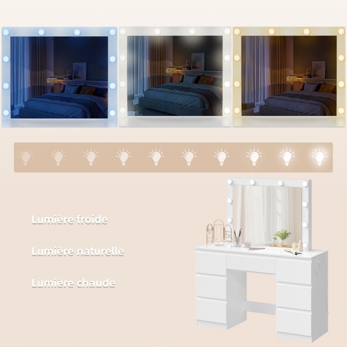 Coiffeuse avec Multiprise - WOLTU Table de Maquillage 7 Tiroirs- Miroir LED Réglable - Espace extra-large - Blanc