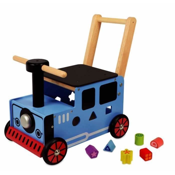 Ich bin ein Spielzeug – ein hölzernes Baby-Rutschauto, die kleine blaue Eisenbahn – IM87571
