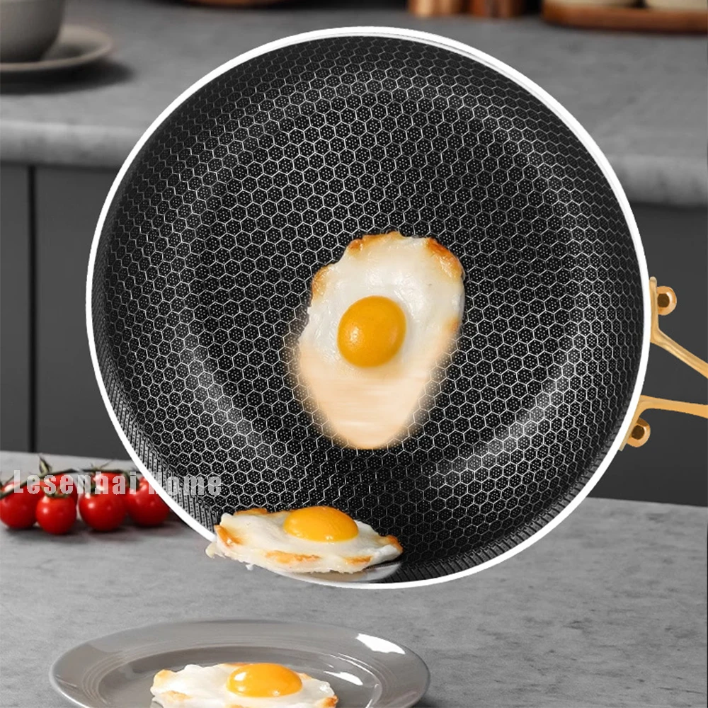 Wok en acier inoxydable 316, antiadhésif, pour sauter les steaks, compatible avec les plaques à gaz et à induction, avec revêtement alvéolé universel.