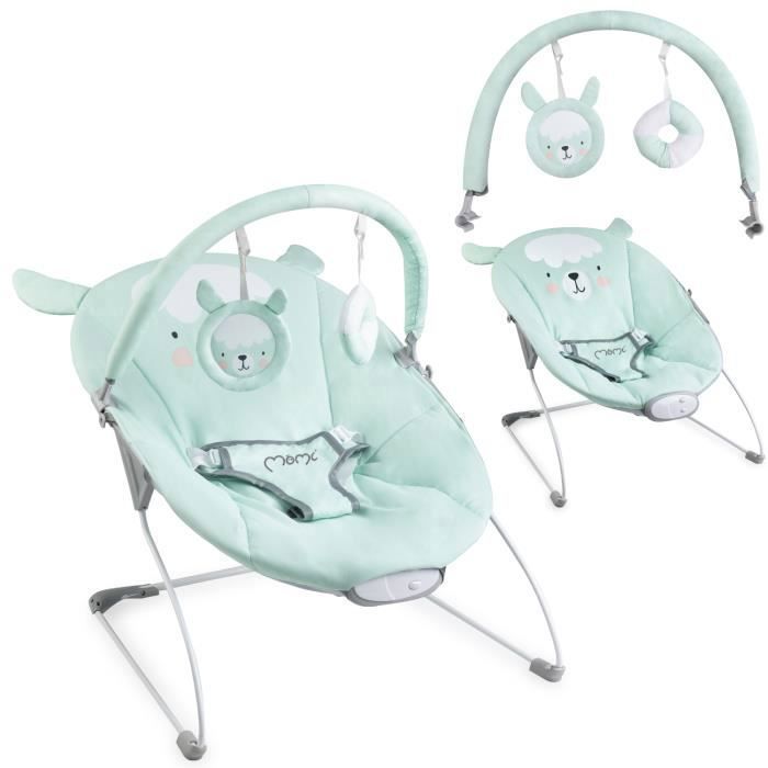 MoMi GLOSSY – Sdraietta leggera per neonati con modulo sensoriale – 8 melodie – 3 livelli di vibrazione – Giocattoli – Lama verde