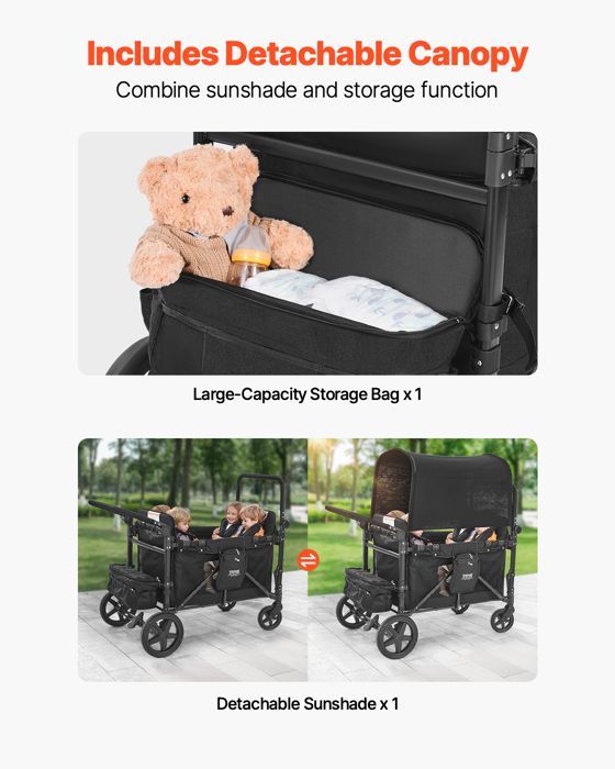 Carrito de transporte infantil VEVOR - Capacidad de carga de 150 kg - con manillar ajustable - Cochecito de camping de 4 plazas - Negro