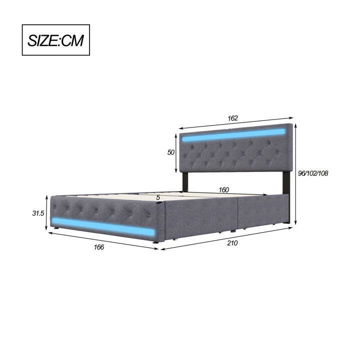 Letto matrimoniale 160 x 200 cm, letto per adulti 160x200 cm con 4 cassetti, con porta USB e illuminazione a LED, struttura letto, con testiera, grigio scuro, tessuto