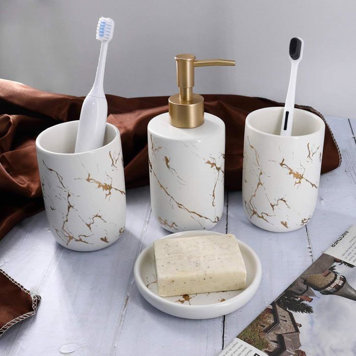 Set van 4 keramische badkameraccessoires met zeepdispenser, bekers en zeepbakje (wit)