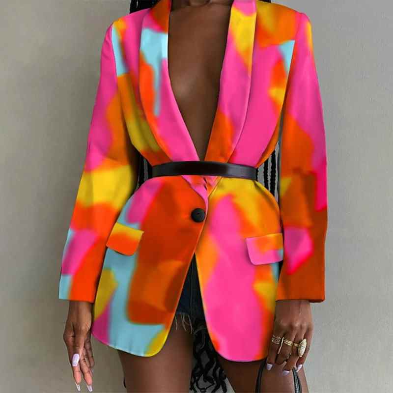 2021 Nuovo cappotto chic streetwear da donna, primavera autunno, giacca da completo colorata con stampa, cappotto hip hop aperto sul davanti