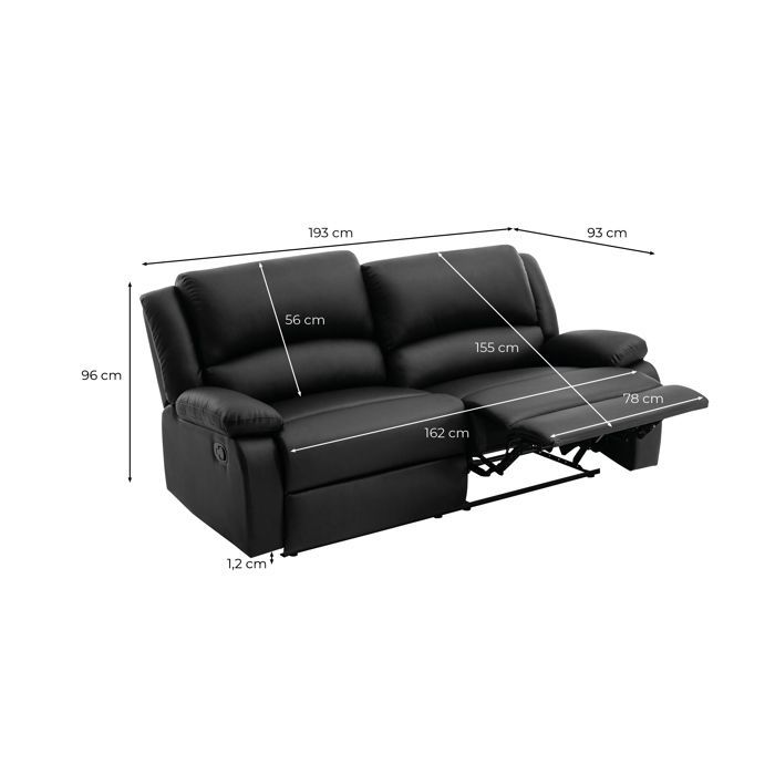 Canapé relax manuel 3 places avec 2 assises XXL LEO en simili - Noir - L193 x P93 x H96cm - LOUNGITUDE