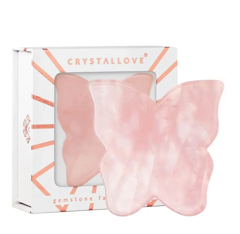 Crystallove Płytka Motylek do Masażu Twarzy Gua Sha z Kwarcu Różowego