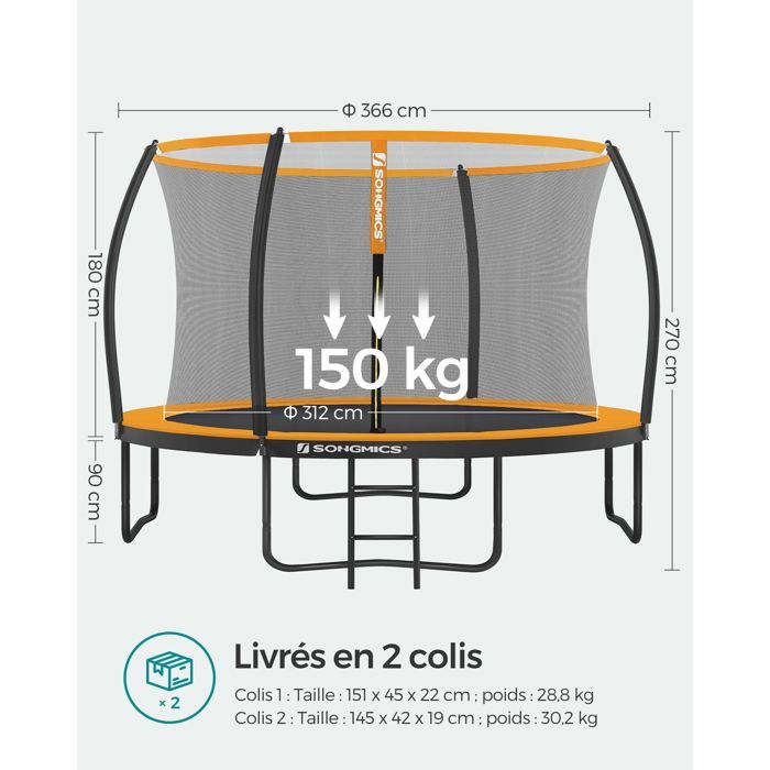 Cama elástica SONGMICS de Ø 366 cm con escalera y red de seguridad, color negro y naranja.
