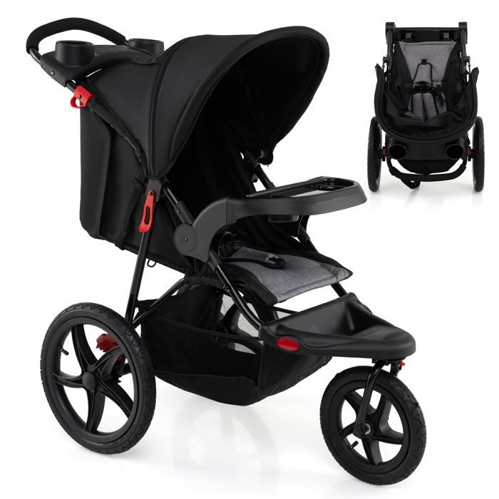 Cochecito plegable para bebé COSTWAY - Parasol ajustable - Asiento reclinable - 3 ruedas de goma con cámara de aire - 48 meses - 22 kg - 5 arneses