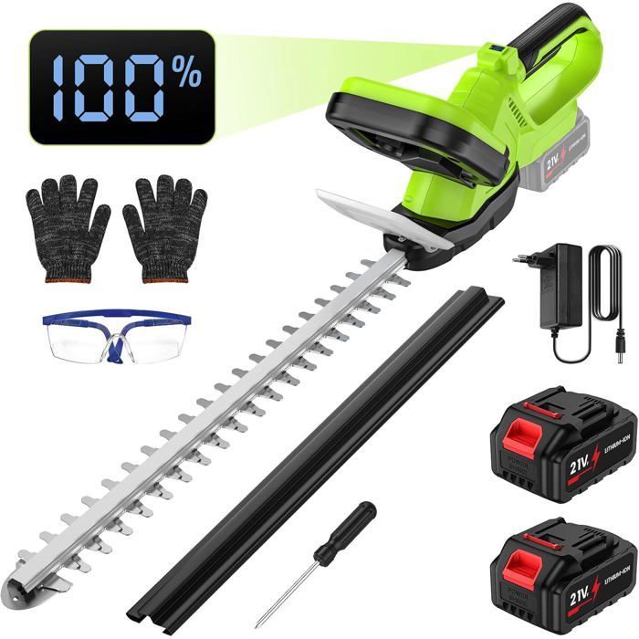 Cortasetos inalámbrico sin escobillas de 21 V - 2 baterías - Doble cuchilla de 51 cm - Doble interruptor de seguridad - Pantalla digital