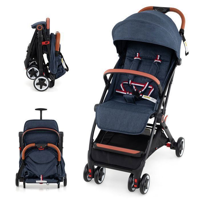Poussette Bébé 0-3 Ans Pliable à une Main avec Tige COSTWAY Dossier-Repose-pieds Réglables-Auvent Rétractable-Sangle d'Attache Bleu