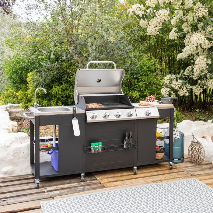 Cuisine d'extérieur - HAPPY GARDEN - TEXAS - 4+1 brûleurs - Noir - Acier peint, inox - Gaz