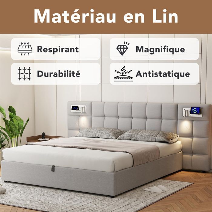 Cama de 180x200 con base de láminas y puerto USB, cama king size para 2 personas con almacenamiento, lámpara de lectura, cabecero largo, respaldo alto, lino, gris.