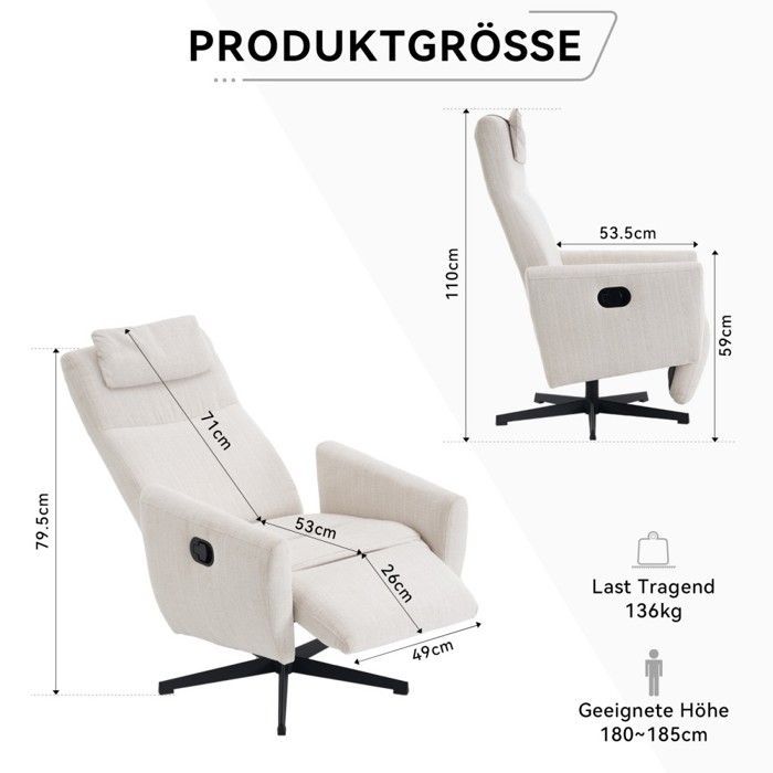 Comfortable reclining armchair with footrest - Modern beige living room sofa - Swivel chaise lounge for breastfeeding and TV