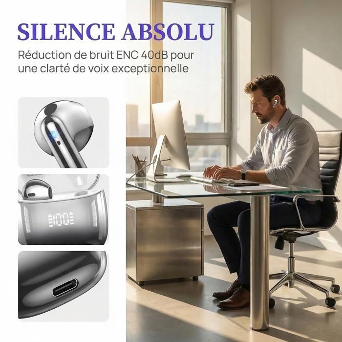 Écouteur sans Fil - GSQZLTE - HiFi Stéréo Basses - 4 ENC Réduction de Bruit Mic - 42H Récréation - Bluetooth 5.4 Casque - Noir