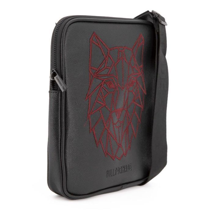 Satcheltasche aus strukturiertem Kunstleder mit roter Wolfsstickerei, 22 x 25 x 2 cm, Herrenmodell BILL TORNADE