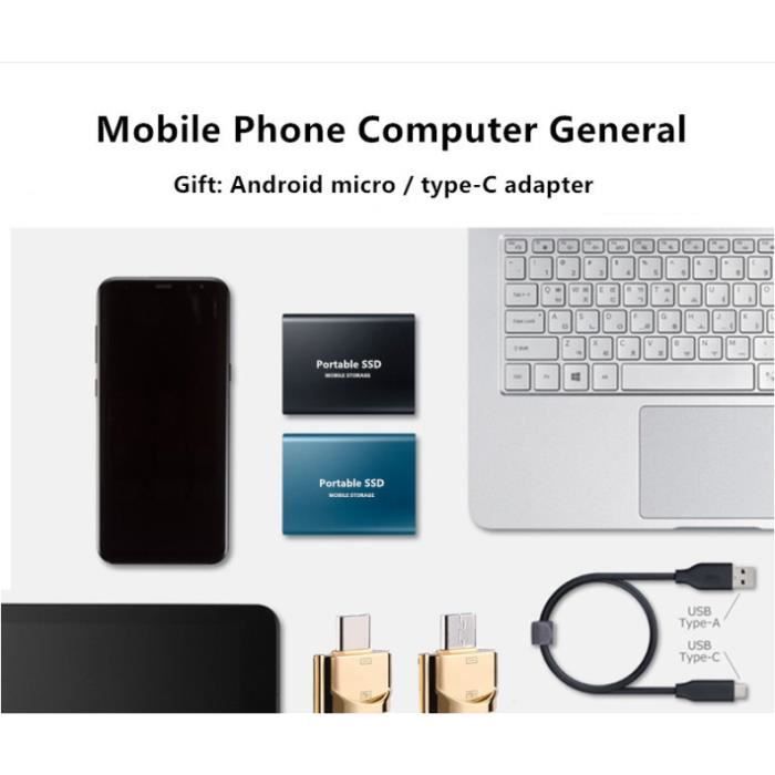 Disco rígido externo portátil de 2 TB, mini SSD tipo C, com corpo ultrafino e transmissão USB 3.0 de alta velocidade.