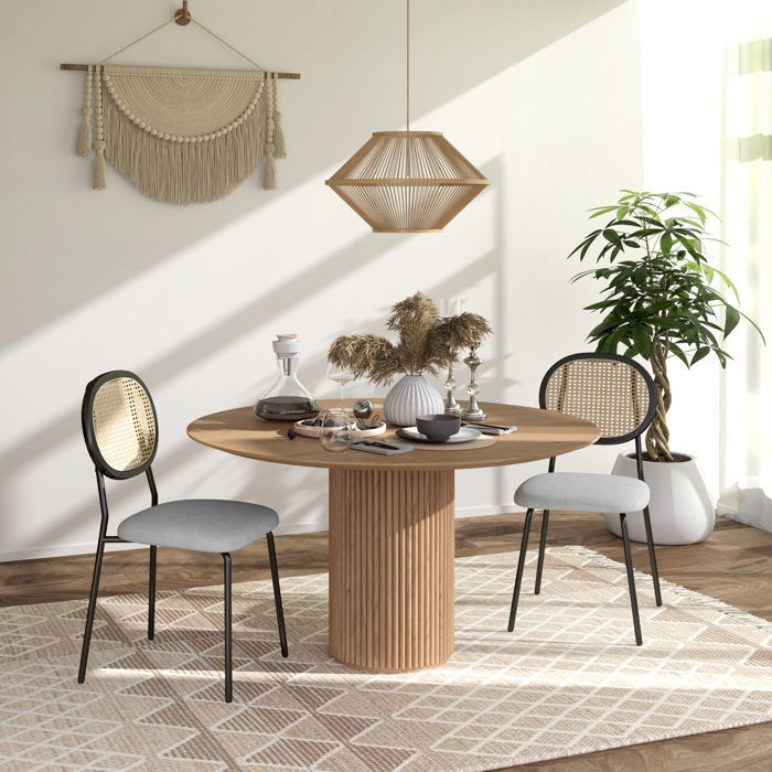 Juego de 2 sillas de comedor - HOMCOM - estilo bohemio - respaldo de ratán, tejido transpirable efecto lino - estructura de acero - gris