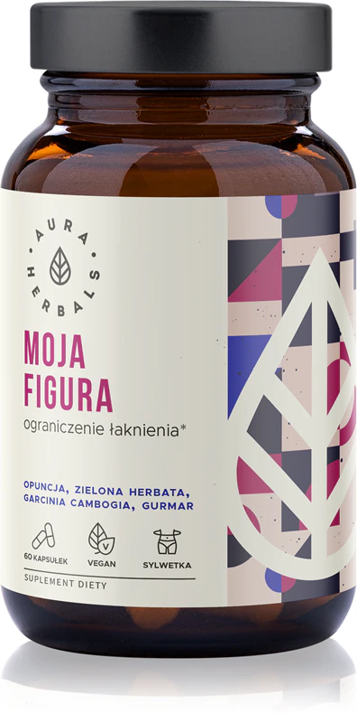Aura Herbals Moja Figura é um suplemento alimentar em cápsulas à base de ervas para controle de peso e metabolismo de gordura.