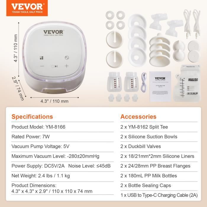 Extractor de leche - VEVOR - 110 x 110 x 74 mm, 4 modos, 16 niveles de succión, 300 mmHg, pantalla LED para viajes, hogar y lactancia materna