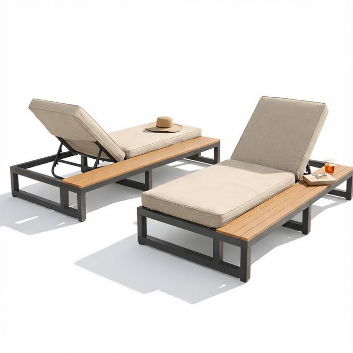Juego de 2 tumbonas con estante, sillas de jardín para exteriores con cojín y respaldo ajustable en 4 posiciones, color beige.