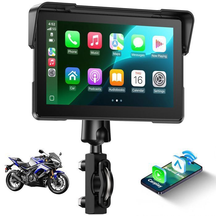 Radio para coche CAMPARK de 7'' con CarPlay para motocicletas, pantalla táctil, resistente al agua IP67, compatible con Apple CarPlay y Android Auto, inalámbrica Bluetooth/WIFI/GPS.