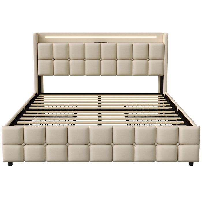 Cama doble de 140x200 cm con iluminación LED y 4 cajones, puerto USB, cama individual de 140x200 cm con somier de láminas, cama de 140x200 cm, tela de lino, beige