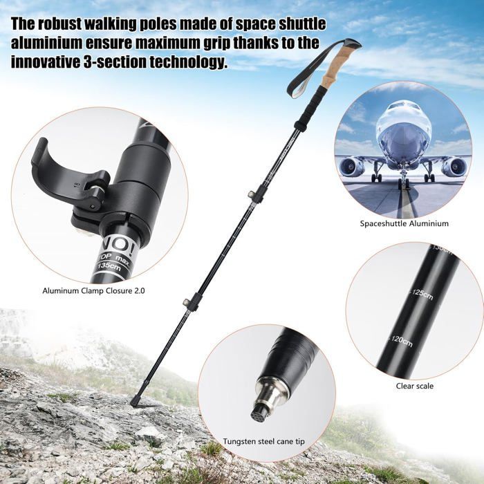 Hiking poles, walking sticks, trekking poles - 63-135 cm - Foldable and adjustable - Telescopic - For men and women