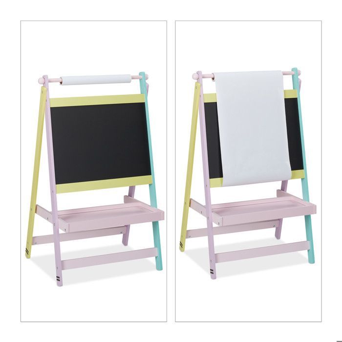 Relaxdays Tableau pour enfants deux en un, 90 x 56 x 42 cm, rouleau de papier, craie, dessin, dimensions, multicolore