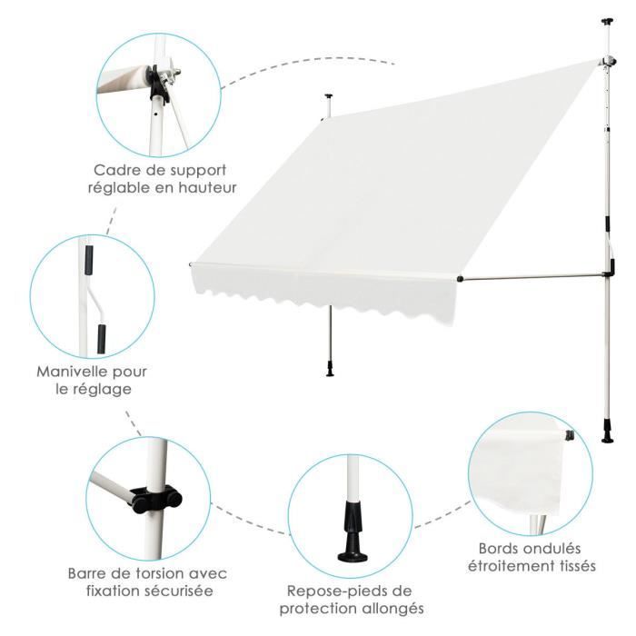 COSTWAY Store Banne Manuel Rétractable sans Perçage 300x125CM-Angle,Hauteur Réglable-en Métal et Tissu-Fenêtre,Balcon,Jardin-Beige