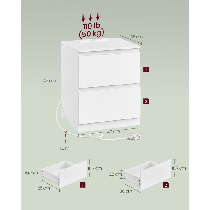 VASAGLE Lot de 2 Table de Chevet avec Multiprise, Table d'Appoint, 2 Tiroirs, 2 Prises CA, 2 Ports USB-A, Moderne, Blanc Nuage