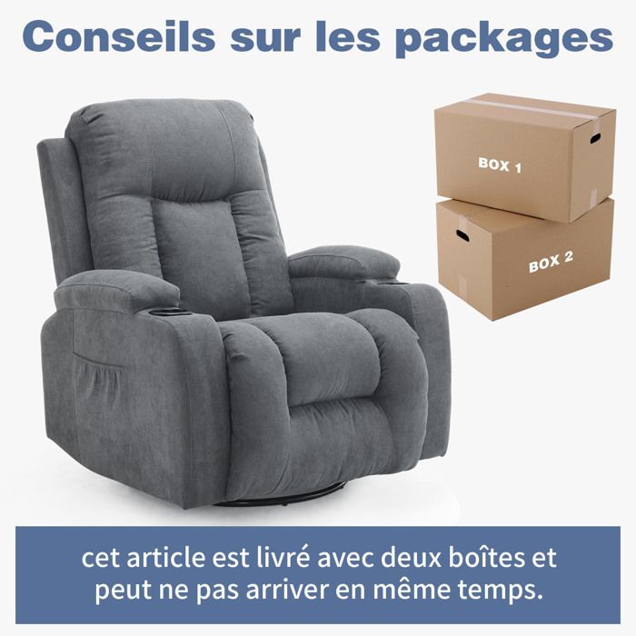 Fauteuil de Massage et Chauffage, avec pivotant à 360°, inclinable manuellement, 76x85x105,Gris foncé