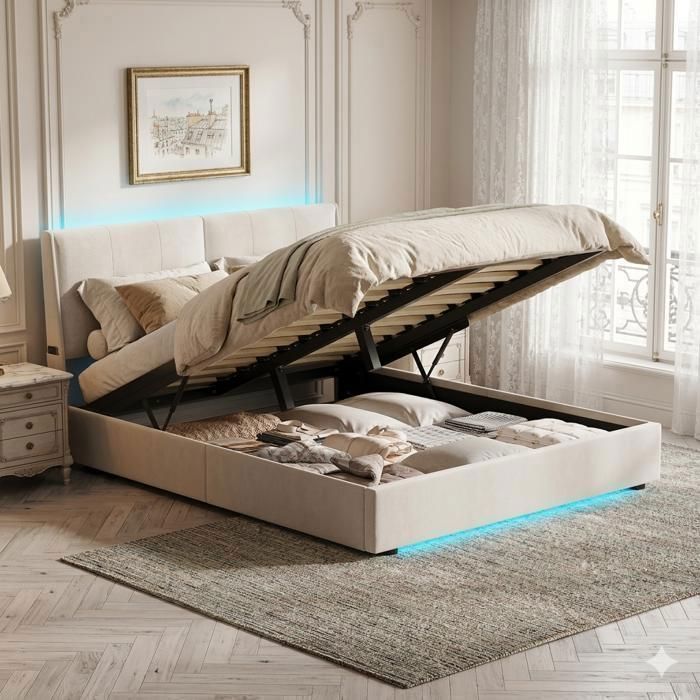 Lit double 140x190 cm - SUNFECILI - Velours Beige - Avec LED - Capacité 300 kg - Montage facile