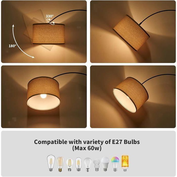 Modlicht Lampadaire Classique JASMIN 165-180 cm | Ampoule LED E27 9W incluse, Abat-jour Lin Beige, Interrupteur au pied