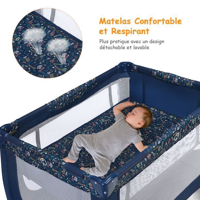 Cuna de bebé 3 en 1 COSTWAY, apta desde el nacimiento hasta los 3 años, con colchón y bolsa de transporte - Fácil plegado - 2 ruedas - 15 kg - 125 x 65 x 76 cm - Azul
