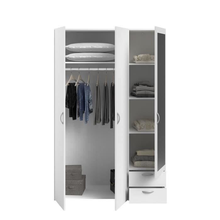 VARIA Wardrobe - White Finish - 3 Hinged Doors + Mirror + 2 Drawers - W 120 x H 185 x D 51 cm - PARISOT