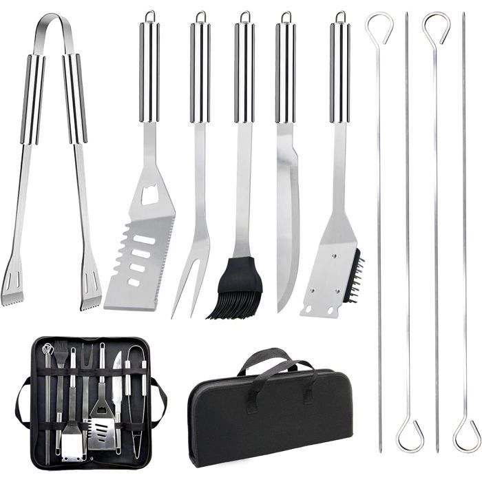 Juego profesional de 11 piezas de acero inoxidable para accesorios de barbacoa - Utensilios para barbacoa con bolsa portátil - Juego de herramientas para barbacoa