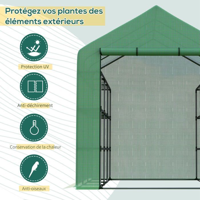 Serre de jardin - Outsunny - étagères 3 niveaux - porte enroulable - bâche PE renforcée, tube en acier - 244 x 180 x 210 cm - vert