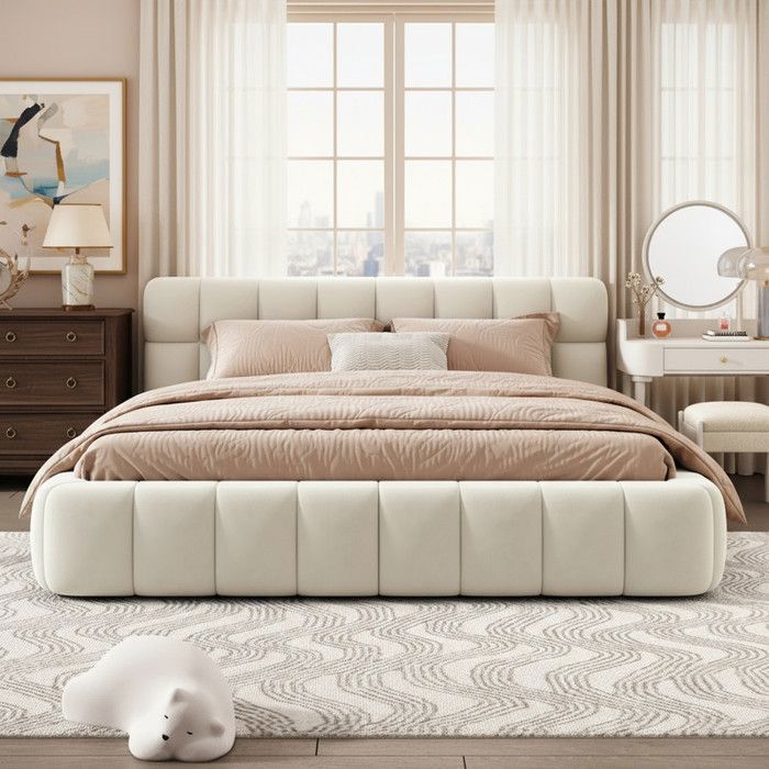 Cama para adultos de 140x190 cm en lino beige, diseño acolchado tipo burbuja, estructura baja, armazón independiente, diseño de colchón integrado.