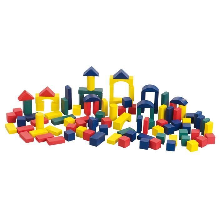Conjunto de construção em madeira - PLAYTASTIC - 100 peças - 4 cores - 6 formatos - Sortidas