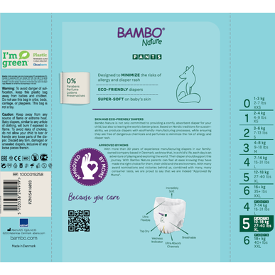 Pañales tipo pantalón Bambo Nature para niños y niñas, ropa interior ecológica T5, 12-18 kg, 19 unidades.