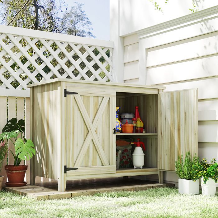 Armario de jardín de madera - Outsunny - con estantes y puertas dobles - 110 x 60 x 88,5 cm - efecto madera natural