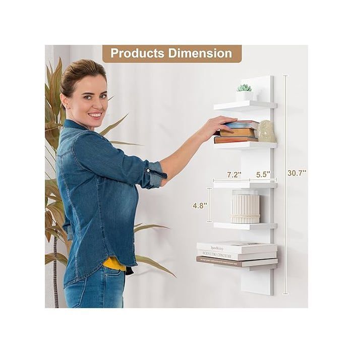 5-Tier Floating Wall Shelves, White, Vertical Storage