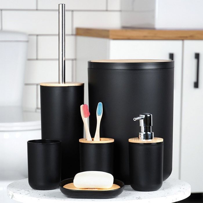 VILDE Accessoires Salle de bain 6 pièces - Plastique noir mat - Bois de bambou - Design moderne - Facile à nettoyer