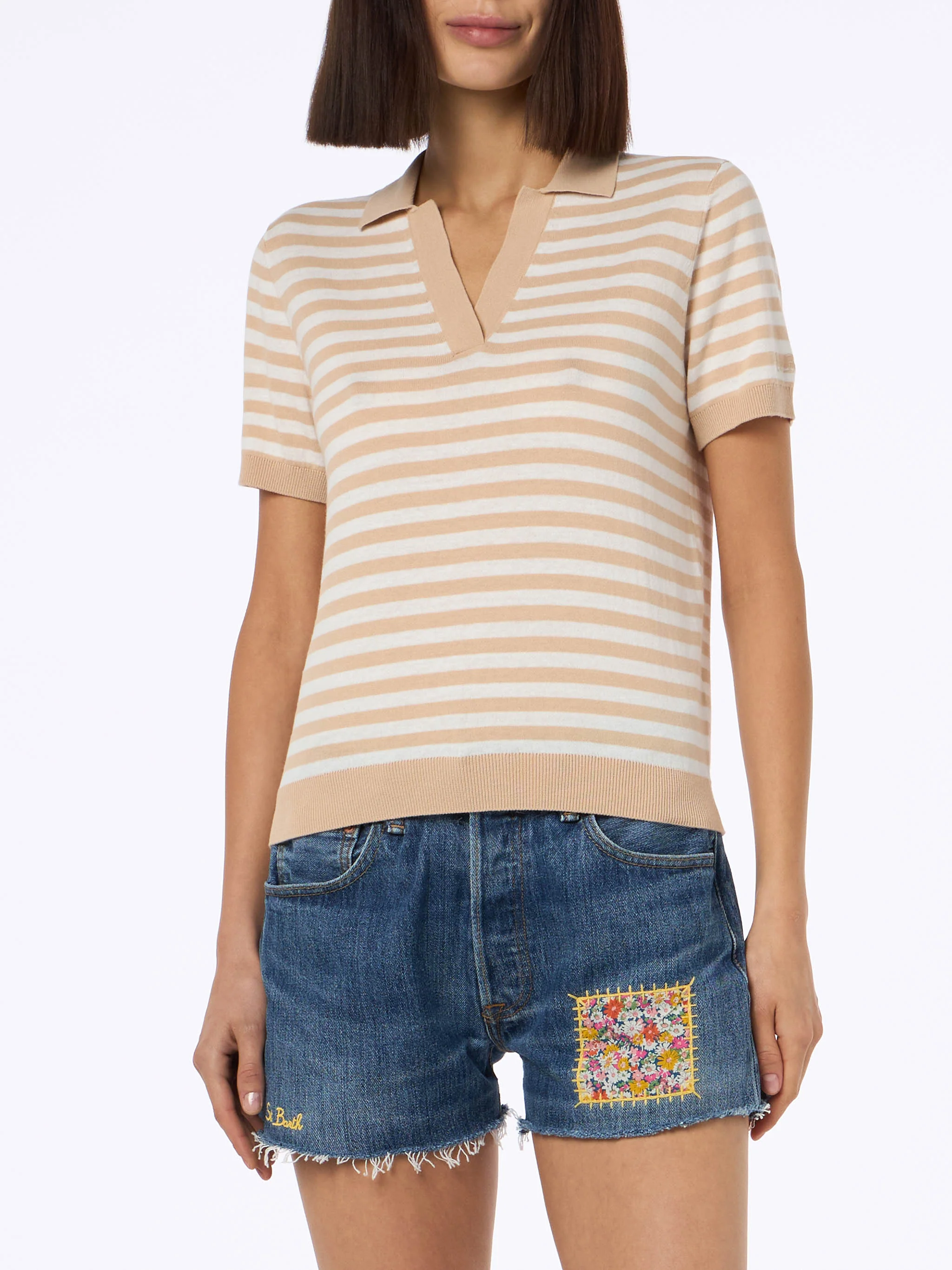 Polo Evonne in maglia di cotone a righe beige