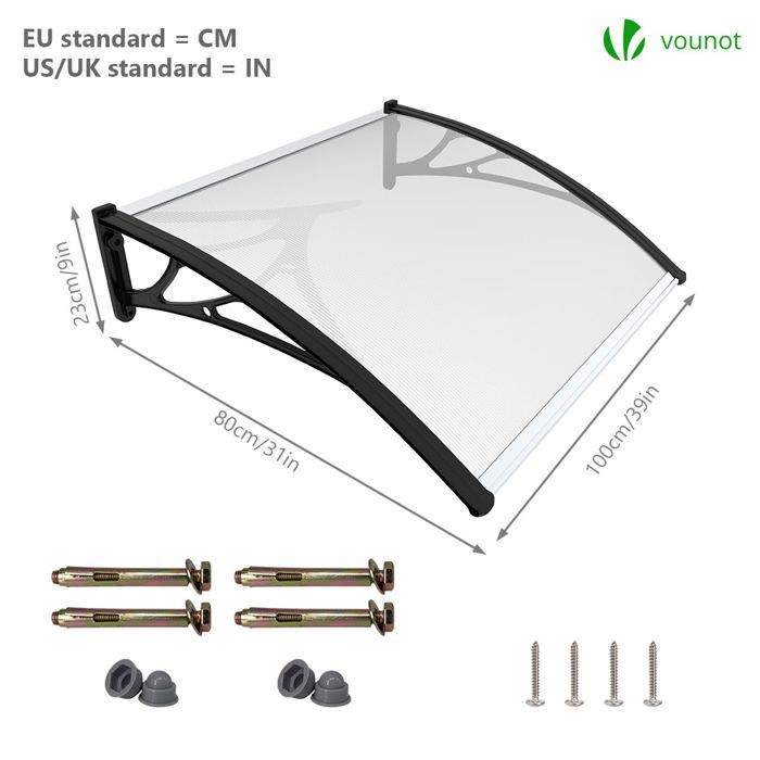 VOUNOT® Marquise auvent de porte d'entrée 100x80cm - Polycarbonate transparent - Anti-UV - Noir