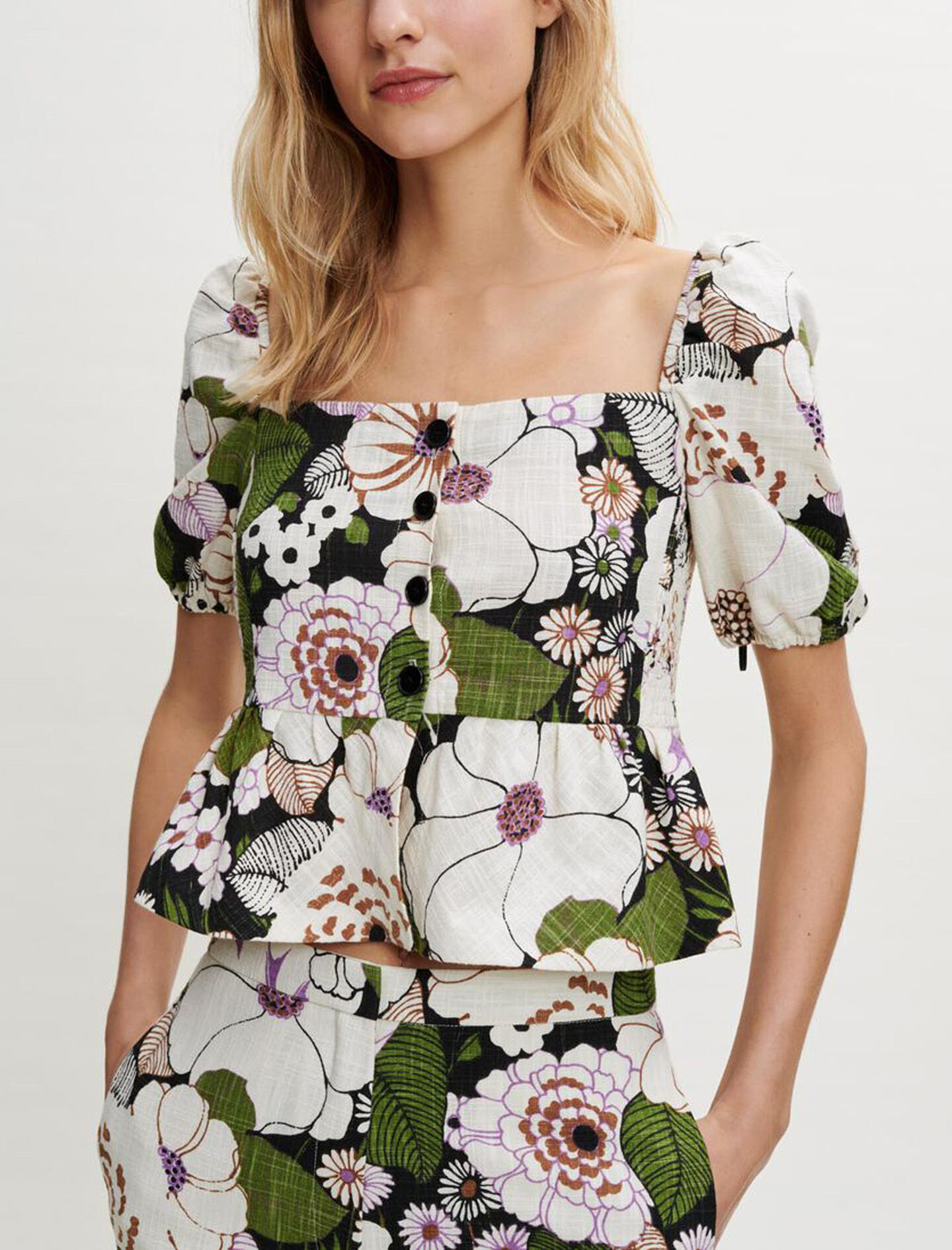 Top cu imprimeu floral anii șaptezeci - Fleur 70's noir