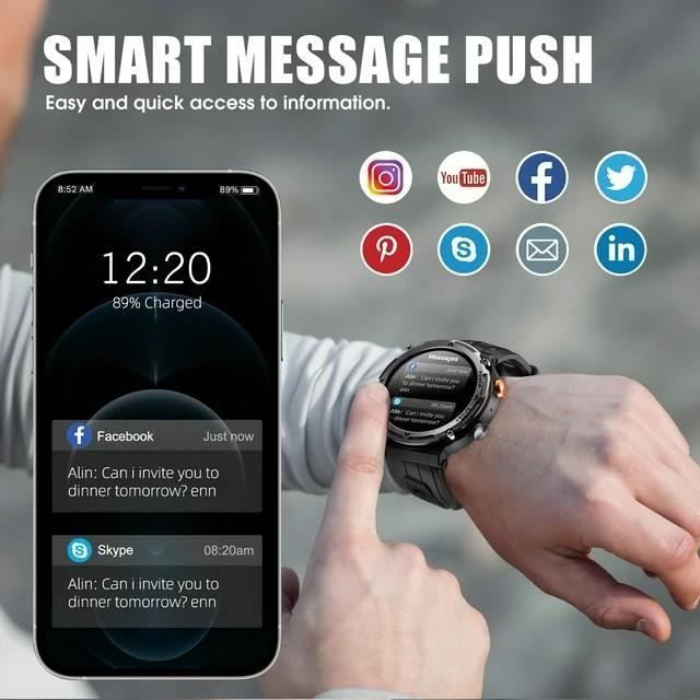 Smartwatch da uomo in stile militare - Impermeabile fino a 5 ATM, chiamate e SMS in HD, monitoraggio intelligente del sonno, fitness tracker